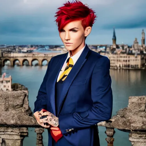 Image similar to photograph of Ruby Rose with spiky red hair and wearing gold contact lenses and dressed in a blue men's suit with a yellow tie, standing on a stone bridge with a fantasy city of tall stone towers in the background