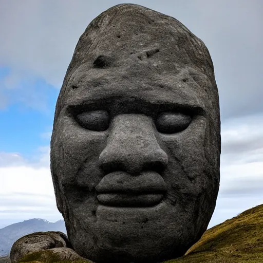 Prompt: accurate by he jiaying, by peder balke. a land art of a large granite boulder carved to resemble a human face. the nose is slightly upturned, & the eyes & mouth are closed.