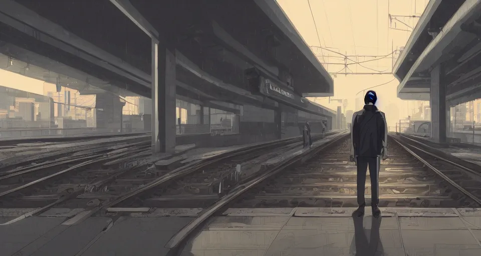 Image similar to a man waiting for a train at a train station, cyberpunk art by tomer hanuka, cgsociety, photorealism, matte drawing, digital illustration, digital painting