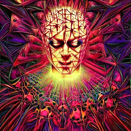 Prompt: psychedelic hellraiser by alex grey, lisa frank, giger, ayami, kojima, amano, karol bak, greg hildebrandt, mark brooks, beksinski, takato yamamoto