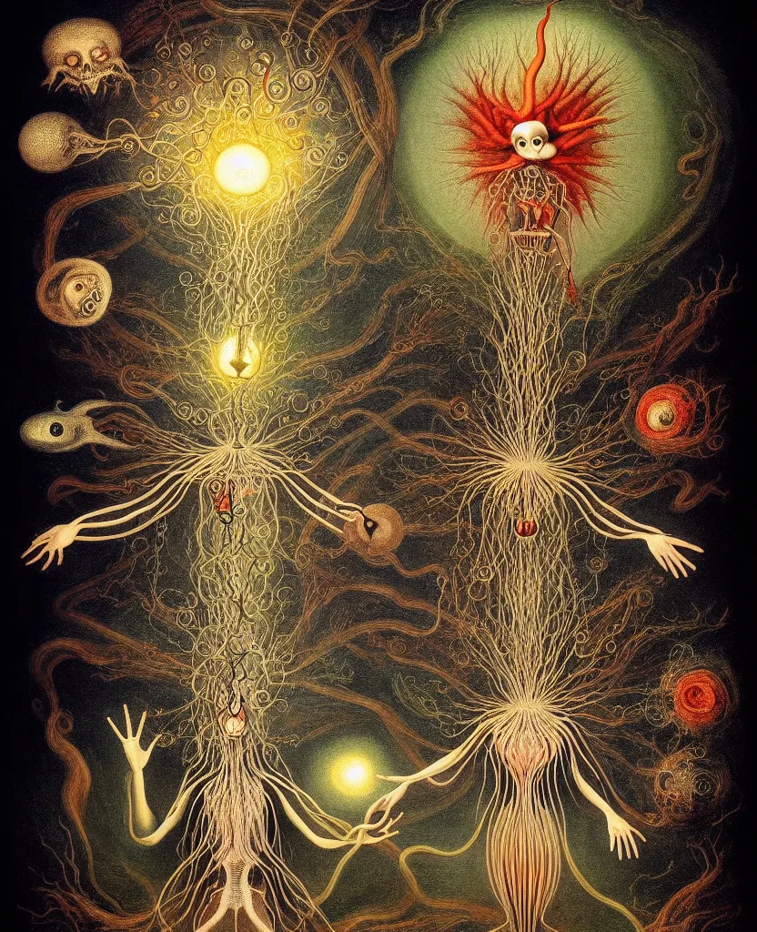 Image similar to whimsical freaky creature sings a unique canto about'as above so below'being ignited by the spirit of haeckel and robert fludd, breakthrough is iminent, glory be to the magic within, painted by ronny khalil