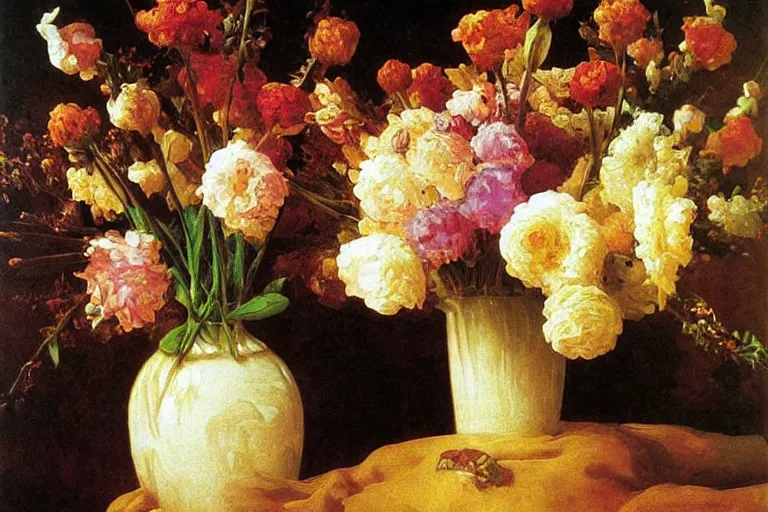 Image similar to vase of melting flowers, surreal oil painting, luminous, highly detailed, dream like, made by frederic leighton, jan davidsz