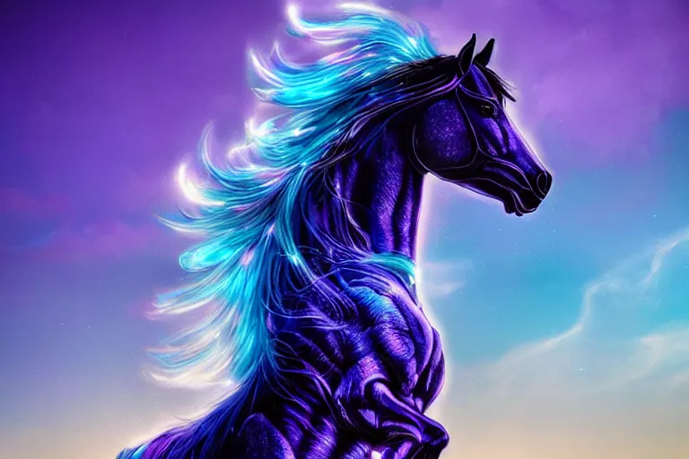 Prompt: a stunning horse with bioluminescent mane and tail running in the clouds by sandra chevrier and greg rutkowski, purple blue color scheme, vaporware, retro, outrun, high key lighting, volumetric light, digital art, highly detailed, fine detail, intricate, ornate, complex, octane render, unreal engine, photorealistic