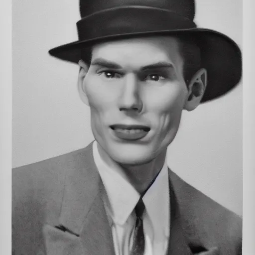 Image similar to A photograph portrait of Jerma985 wearing a suit with and fedora in the 1950s, taken in the early 1950s, grainy, taken on a 1950s Kodak Camera, realistic, hyperrealistic, very realistic, highly detailed, very detailed, extremely detailed, detailed, digital art, trending on artstation