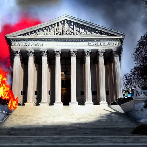 Image similar to Supreme court burning down photo, 8k hyperrealistic