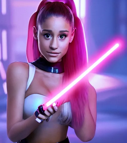 Prompt: A hyper realistic photo of Ariana Grande in the Star Wars universe with two pink lightsabers held in each hand. Maximum detail on artstation, photo realism, vivd details, vivd colour, volumetric lighting