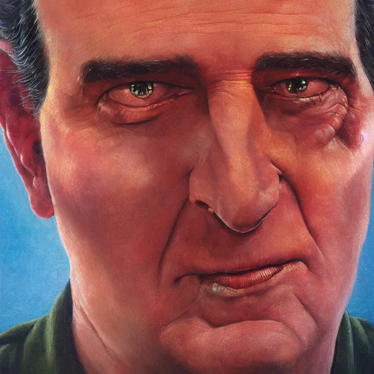 Image similar to Hyperrealistic intensely colored close up studio Photograph portrait of bioluminescent Senator Ted Cruz, symmetrical face realistic proportions eye contact golden eyes, Smiling in a coral reef underwater, award-winning portrait oil painting by Norman Rockwell and Zdzisław Beksiński vivid colors high contrast hyperrealism 8k