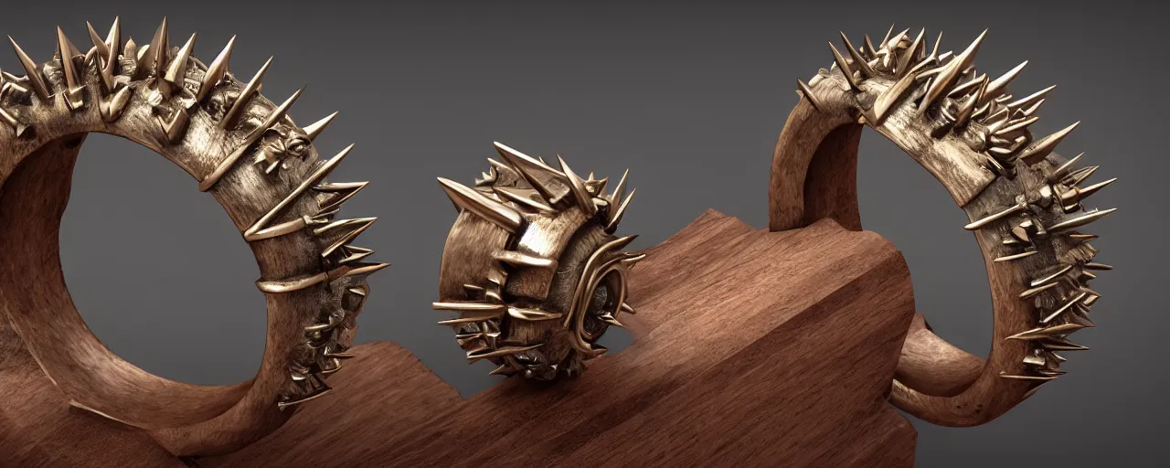 Image similar to wooden ring with spikes, ring, wood, steel, sword, smooth shank, engravings, product design, jewelry, art by gerald brom, greg rutkowski and artgerm and james jean and zdzisław beksinski, 8 k, unreal engine, c 4 d