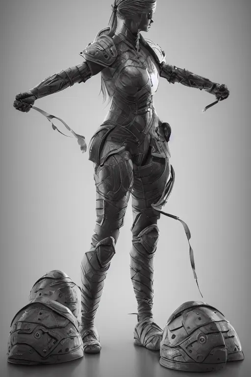 Image similar to a highly detailed sculpt of athletic girl in armor, concept design, cinematic light, featured on artstation, octane render, path tracing, sharp focus, 4 k