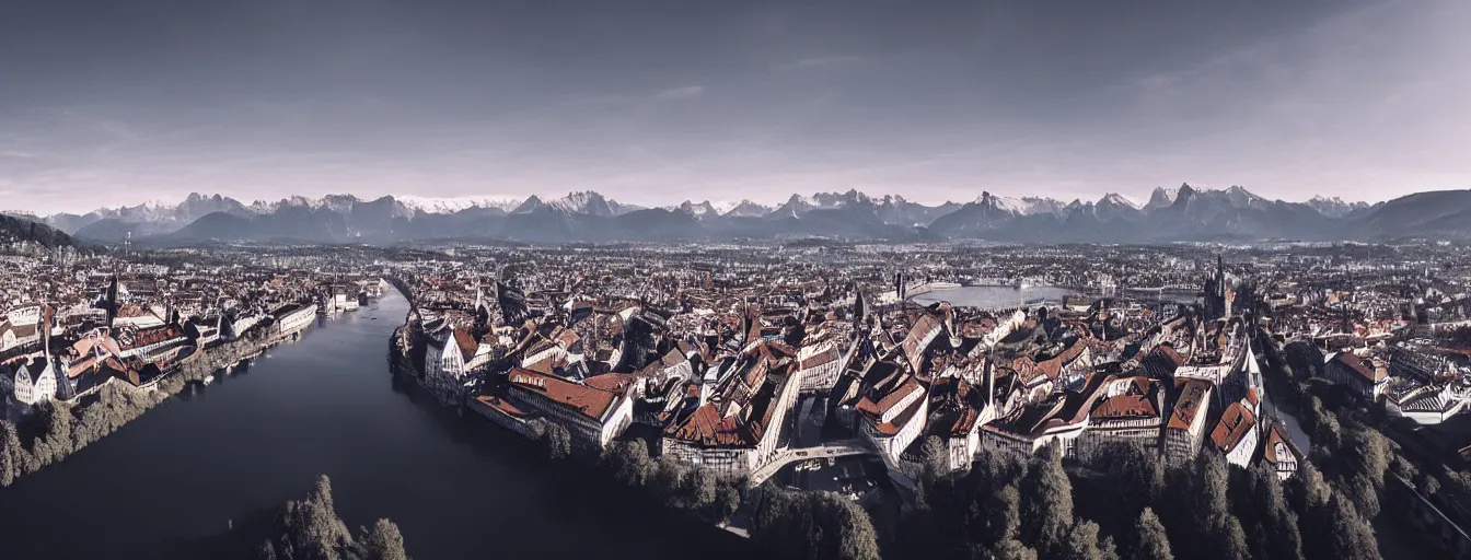 Image similar to Photo of Zurich, looking down the river at the lake and the alps, Hardturm, Grossmünster, wide angle, volumetric light, hyperdetailed, mountain water, artstation, cgsociety, 8k