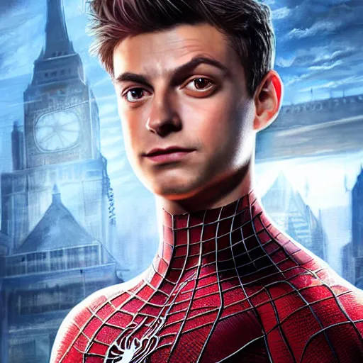 Image similar to hyperrealistic mixed media high resolution painting of Peter Parker as Spiderman , stunning 3d render inspired art by Jamie Salmon and István Sándorfi and Unreal Engine and Greg Rutkowski, perfection, dim volumetric lighting, 8k octane beautifully detailed render, full body shot, post-processing, extremely hyper-detailed, intricate, epic composition, highly detailed attributes, highly detailed atmosphere, cinematic lighting, masterpiece, trending on artstation, very very detailed, masterpiece, stunning, flawless completion, lifelike texture, perfection,