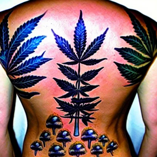 Image similar to back tattoo, tattoo photography, Marijuana, marijuana leaves, mushrooms, magic mushrooms, marijuana buds