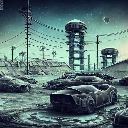 Image similar to Сyberpunk style photo on a parking lot in a Soviet slum on the moon, Neo Norilsk, sci-fi, fantasy, intricate, very very beautiful, elegant, highly detailed, smooth, Unreal Engine 5, sharp focus, illustration, art by artgerm and greg rutkowski and alphonse mucha and evgeny zubkov