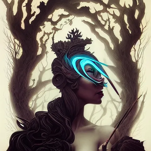 Image similar to fantasy portrait of a woman made of obsidian and smoke, carved Japanese Sakura wood organic overgrowth, holding nevermore, peter mohrbacher, artgerm, James Jean