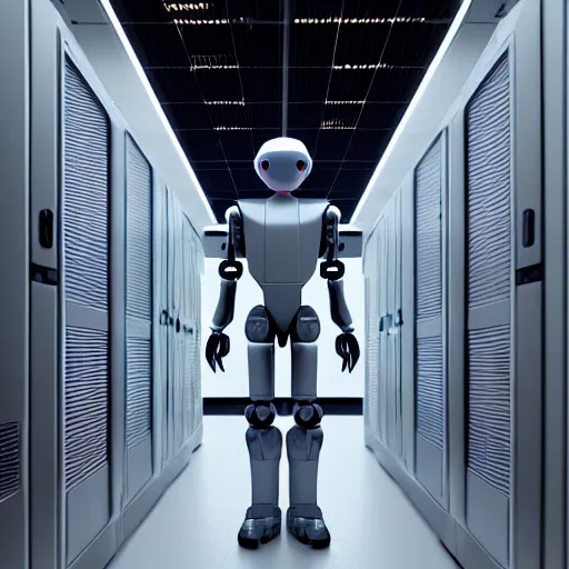 Prompt: hyperrealism stock photo of highly detailed stylish humanoid robot in sci - fi cyberpunk style by gragory crewdson and vincent di fate that working in the highly detailed data center by mike winkelmann and laurie greasley rendered in blender and octane render