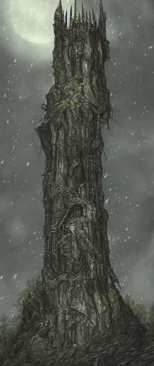 Prompt: lord of the rings high medieval tower with dark stones. the tower is on a hill. there are stone ruins at the bottom. a dark forest is all around the tower. illustration on artstation