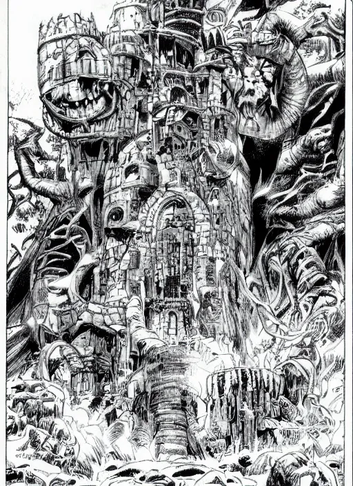 Image similar to detailed comic book drawing of a fantasy castle in the jungle by randy vargas and simon bisley and jack kirby