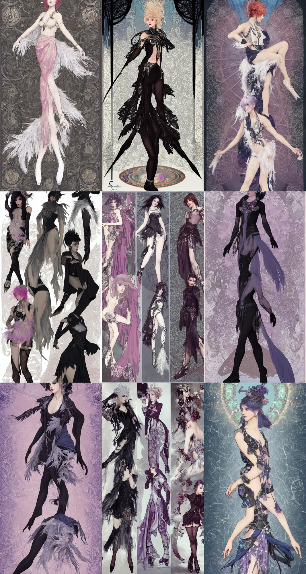 Prompt: Character concept and fashion spot illustrations from the Final Fantasy gothpunk ice skating mashup, full-body, bloom, dynamic poses, diaphanous cloth, intricate crystalline and feather jewelry, ornate, filigree, arcane, cinematic lighting, by Alphonse Mucha, by Artgerm, by Bouguereau, by Sakimichan, fantasy, portfolio illustration, highly detailed, trending on Artstation, CGsociety, HQ, 8k, 35mm lens, f2.8, Bokeh,
