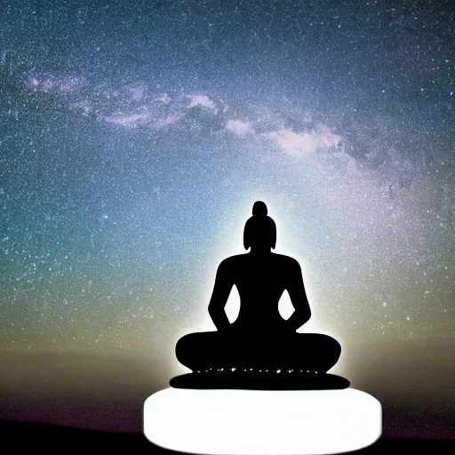 Image similar to Film still of silhouette of indian statue, sukhasana, starry sky with flying saucer, ufo, ufo, ufo, with radiating hill, full shot