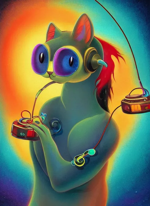 Prompt: cat seahorse fursona wearing headphones, autistic bisexual graphic designer, long haired attractive androgynous coherent detailed character design, weirdcore voidpunk digital art by delphin enjolras, goro fujita, leonetto cappiello, louis wain, furaffinity, cgsociety, trending on deviantart