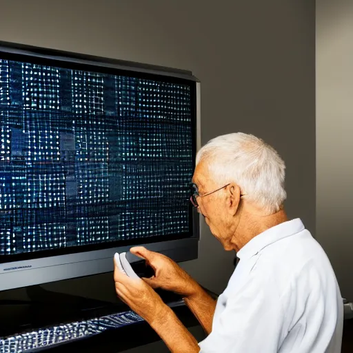 Prompt: old man staring at a highly advanced computer , old photo , HD , 4k