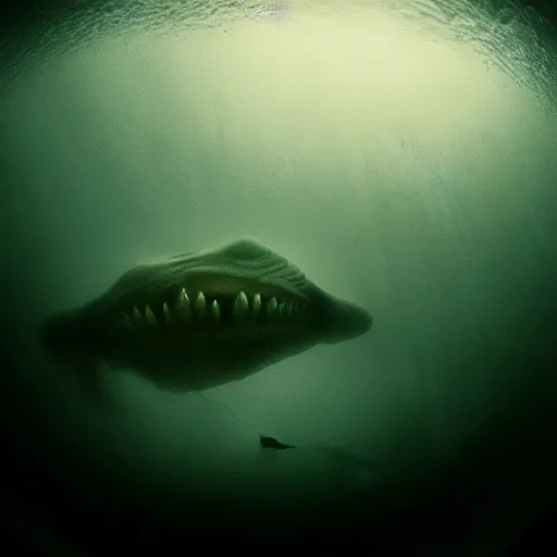 Image similar to sea monster about to eat pov underwater, pale skin, dark yellowish water, foggy water, dark, dramatic,'silent hill ', big eyes, alluring and terrifying, cinematic