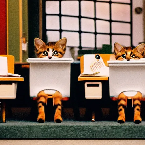 Image similar to anthropomorphic cute kittens sitting at their desks on the first day of kindergarten, medium shot by Wes Anderson