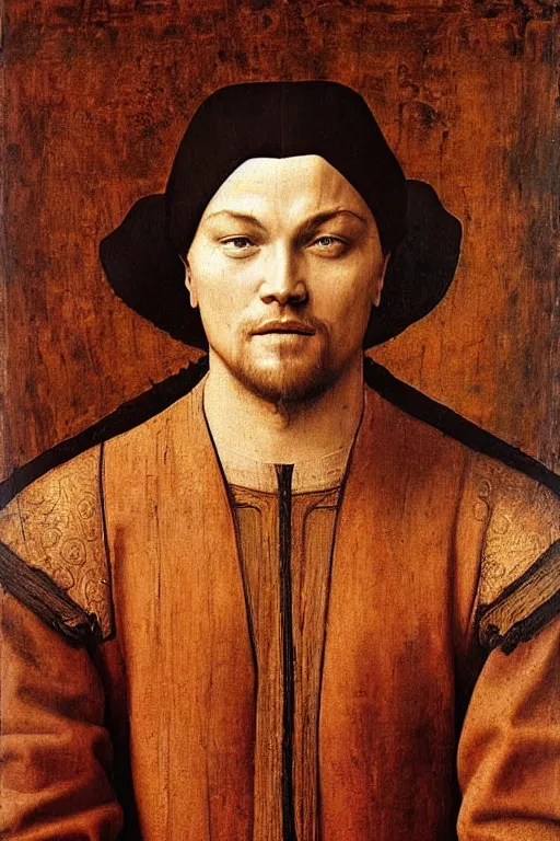 Prompt: 1 4 0 0 s renaissance portrait of leonardo dicaprio oil painting by jan van eyck, northern renaissance art, oil on canvas, wet - on - wet technique, realistic, expressive emotions, intricate textures, illusionistic detail