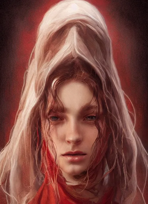 Image similar to vertical portrait of a ruggedly handsome female cleric, soft hair, close - up face, leather, witchy, d & d, fantasy, intricate, elegant, highly detailed, digital painting, artstation, concept art, smooth, sharp focus, illustration, art by artgerm and greg rutkowski and alphonse mucha, plain red background