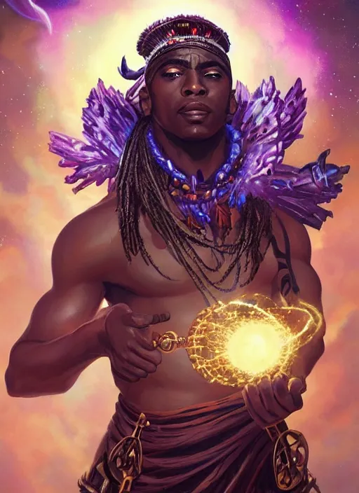 Prompt: handsome black man casting magical spells with powerful crystals, afrikan tribal voodoo headdress and kemetic imagery, digital painting artstation, concept art, matte, sharp focus, illustration, dramatic exploding nebulae, hearthstone, art by artgerm and greg rutkowski and alphonse mucha