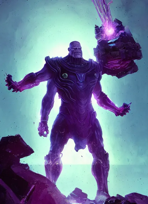 Image similar to Thanos standing in a portal of energy on a post apocalyptic battlefield, grinning emperor of the world, action pose, dramatic lighting, high contrast, cosmic horror, abstract, masterpiece, trending on ArtStation, by Moebius, blizzard concept artists, Greg Rutkovski and by Craig Mullins and by David Cronenberg and by Ismail Inceoglu