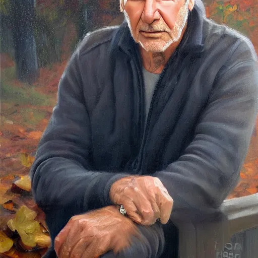 Image similar to stunning serene portrait of Harrison Ford by Mark Arian, oil on canvas, masterpiece, realism, piercing gaze, autumn bokeh