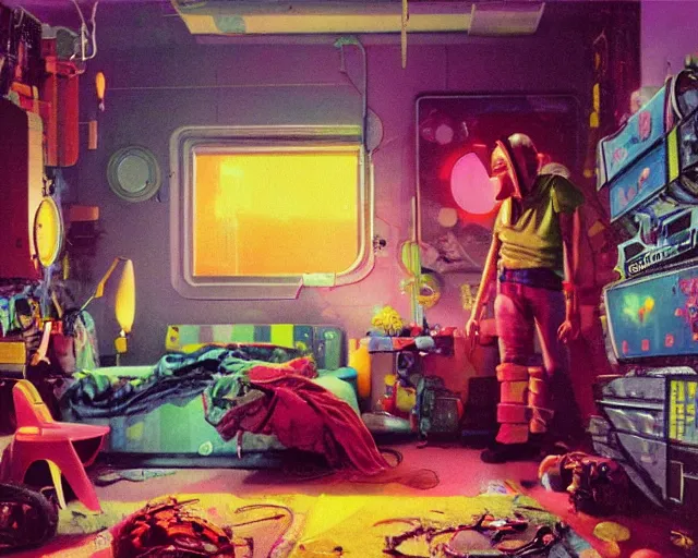 Image similar to IKEA catalogue photo of a cyberpunk children’s bedroom, by Paul Lehr