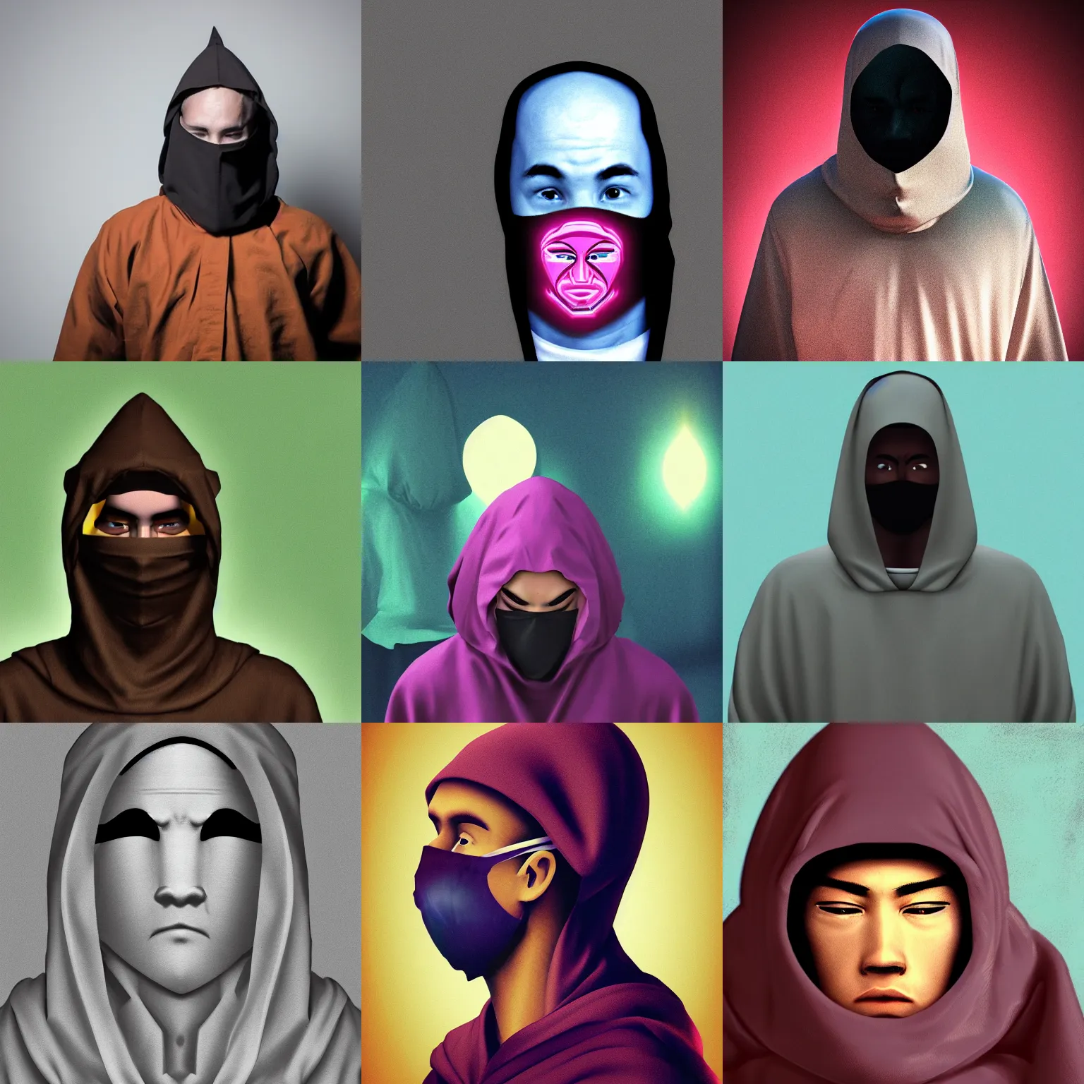 Prompt: vaporwave monk with a hood over his face, dark, moody, low lighting