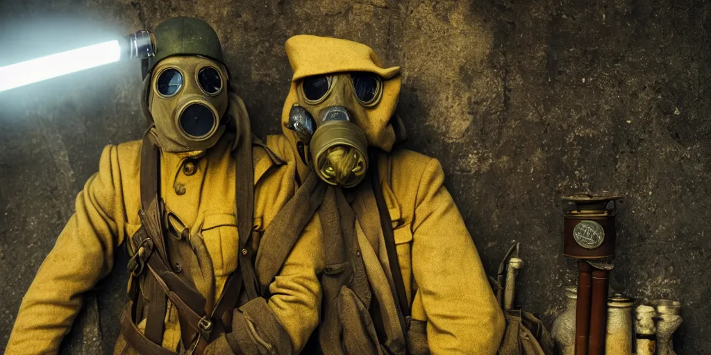 Prompt: wwi soldier wearing a gas mask, no man's land, yellow gas, cinematic, blue and yellow tones, atmospheric, anamorphic lens, shot on arri alexa