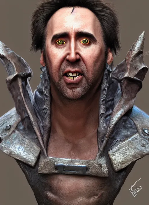 Prompt: A fantasy comic book style portrait painting of Nicolas Cage as a goblin in a cavern setting, unreal 5, DAZ, hyperrealistic, octane render, RPG portrait, ambient light, dynamic lighting