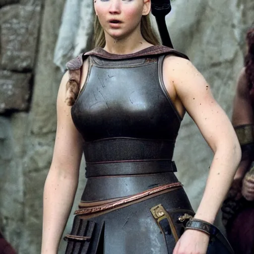 Image similar to first photos of 2 0 2 4 female 3 0 0 remake - jennifer lawrence as leonidas, put on 5 0 pounds of muscle, ripped, ( eos 5 ds r, iso 1 0 0, f / 8, 1 / 1 2 5, 8 4 mm, postprocessed, crisp face, facial features )