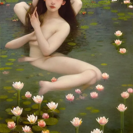 Prompt: a painting of a woman floating in a pond of water lillies, a photorealistic painting by liu jun, cgsociety, pre - raphaelitism, pre - raphaelite, deviantart, made of flowers