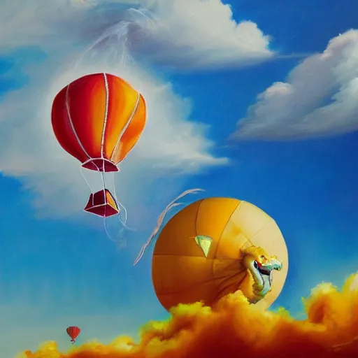 Prompt: oil painting of a hot air balloon bursting through a cloud with a dragon in the background