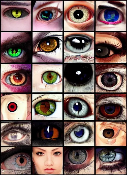 Prompt: grid montage of square shaped eyes, square shaped dilated pupils, square irises, detailed colored textures, eyelashes, advanced art, art styles mix, from wikipedia, wet reflections in eyes, sunshine light, hd macro photograph, from side, various eyelid positions, square black pupil centered