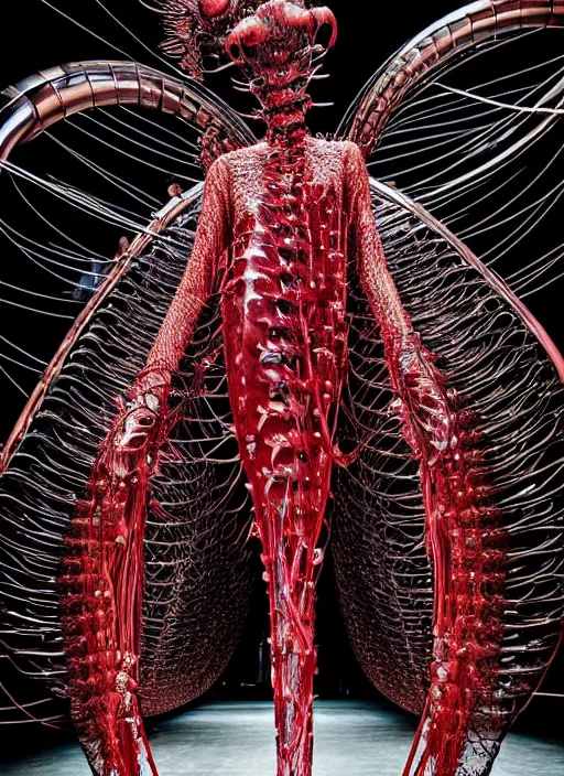 Image similar to walking down the catwalk, steven klein, mert alas and marcus piggott, show, stage, vogue photo, podium, fashion show photo, iris van herpen, beautiful woman, full body shot, masterpiece, inflateble shapes, plant predator, guyver, jellyfish, wires, veins, biomechanical details, colourfull