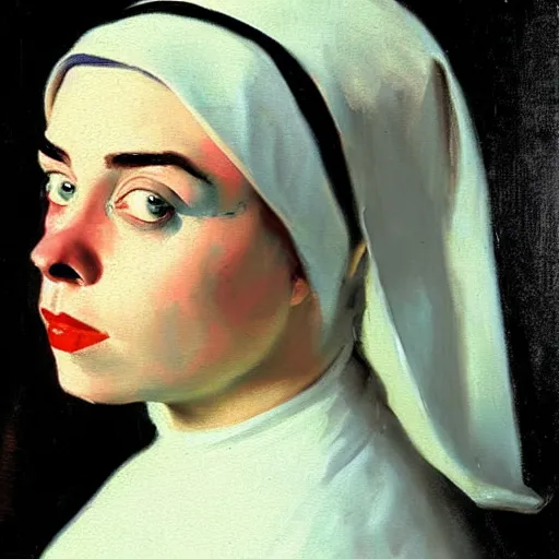 Prompt: Billie Eilish as a nun, painted by Robert Henri, detailed brushstrokes