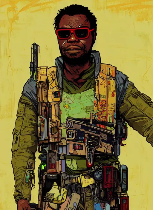 Image similar to chidi igwe. cyberpunk mercenary in combat vest. portrait illustration, pop art, splash painting, art by geof darrow, ashley wood, alphonse mucha, makoto shinkai