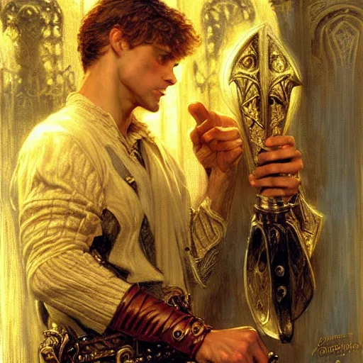 Image similar to handsome arthur pendragon in love with handsome merlin the mage. merlin is also in love with arthur. highly detailed painting by gaston bussiere, craig mullins, j. c. leyendecker