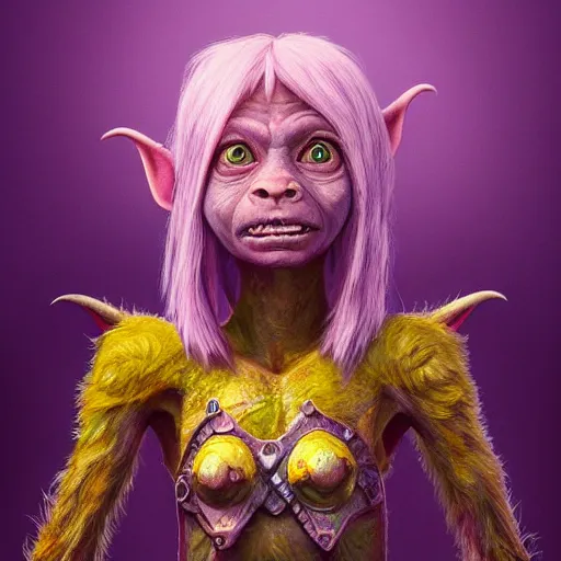 Prompt: A professional digital portrait painting of a young adult female goblin with (skin that looks like fire), dressed in light armor, 4k, digital art, trending on cgsociety, highly detailed, paint by Wes Anderson, head and shoulders shot, shallow depth of field, purple and yellow lighting, professional lighting, airbrush, Hayao Miyazaki