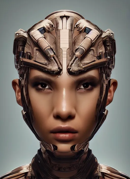 Prompt: beautiful portrait of an alien cyborg, style of Feng Zhu, Artstation geometric, aesthetic, smooth skin, unique features, symmetrical, intricate crown, high fashion, streetwear, cyberpunk, detailed, octane render, cinematic, 8k, brown skin, full lips,