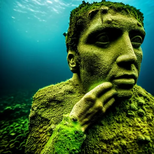 Image similar to Building ruins, Nicolas Cage underwater mossy old statue, ruins, photo, dark, kelp and moss all over, bottom of ocean, deep ocean, bottom of ocean, dark, 35mm, fish, underwater landscape, 4k, detailed, photorealistic, photo, Atlantis, underwater camera, fish, fish, fish