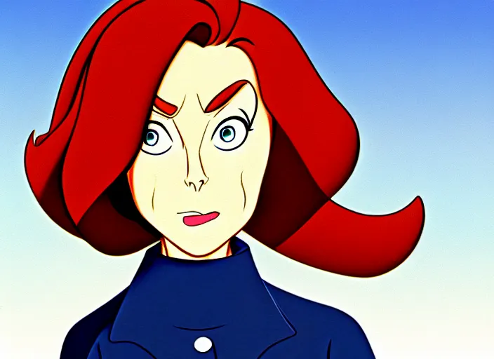 Prompt: a shaded animation cel of dana scully, sharp detail, thin linework, realistic anatomy, in the style of western cartoons, by don bluth, filmation, toei animation, studio trigger, studio ghibli, 5 k, artstation trending