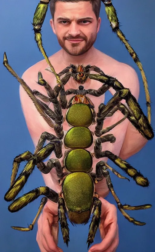 Prompt: beautiful intricate photorealistic painting of a man holding a giant spider. vibrant, high quality, very funny, beautiful, hq. hd. 4 k. award winning. trending on artstation