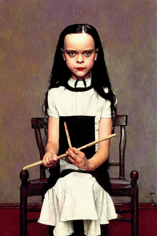 Prompt: wednesday addams from the addams family painted by norman rockwell